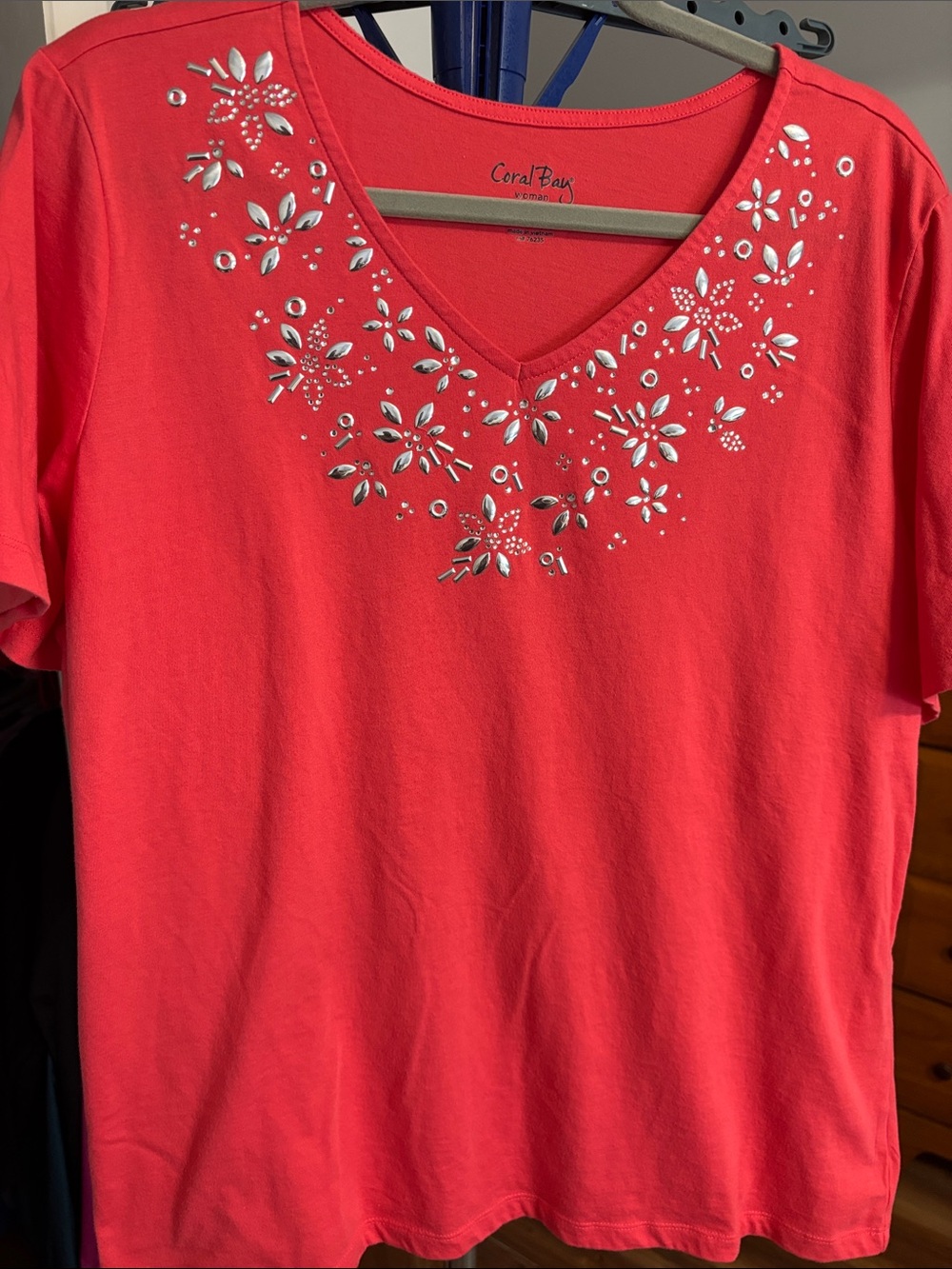 Coral Bay Bright Coral Short-Sleeve V-Neck Tee with Silver Embellishments